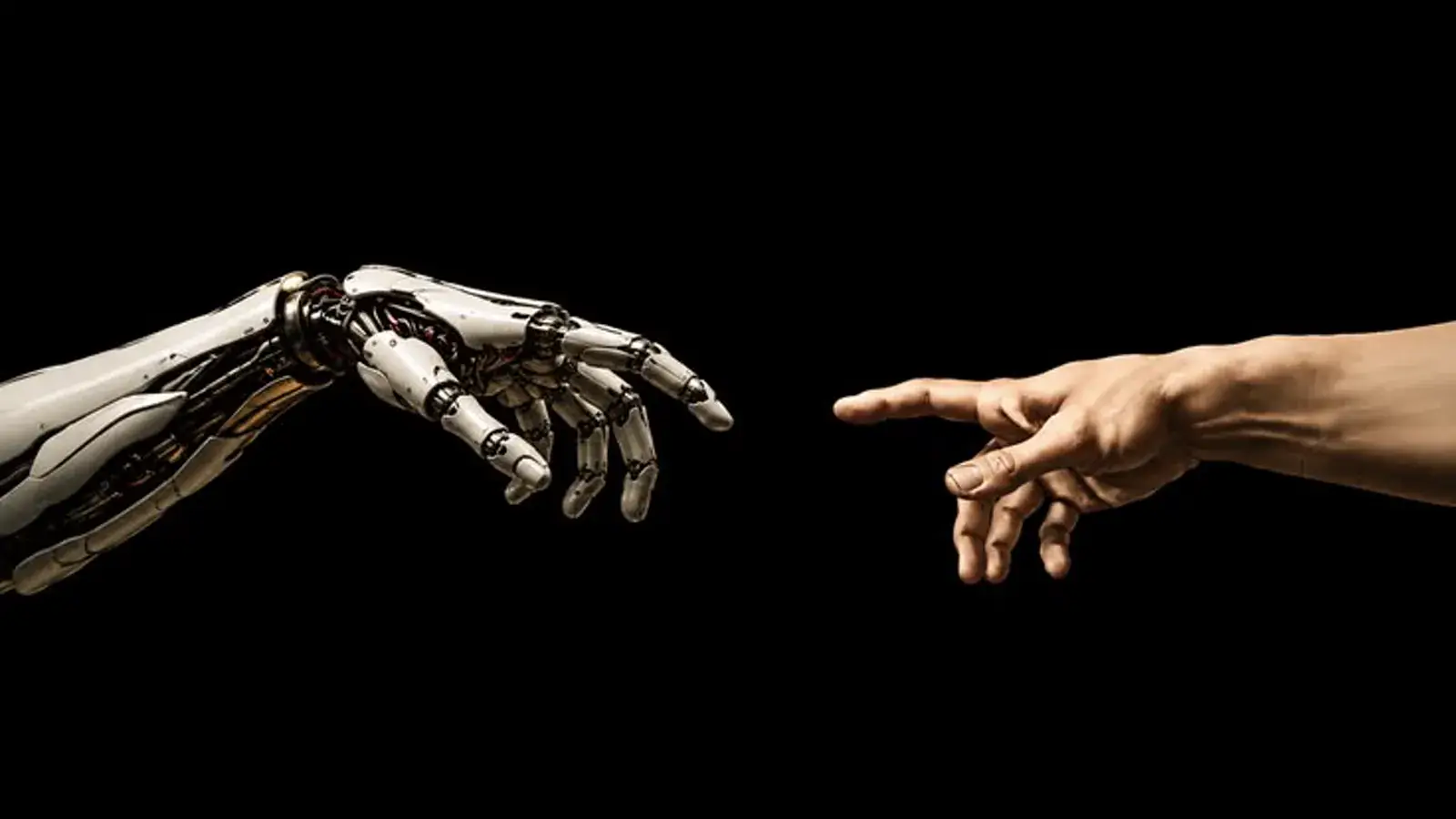 A robotic hand and a human hand reaching toward each other, representing FAS's AI plus human localization