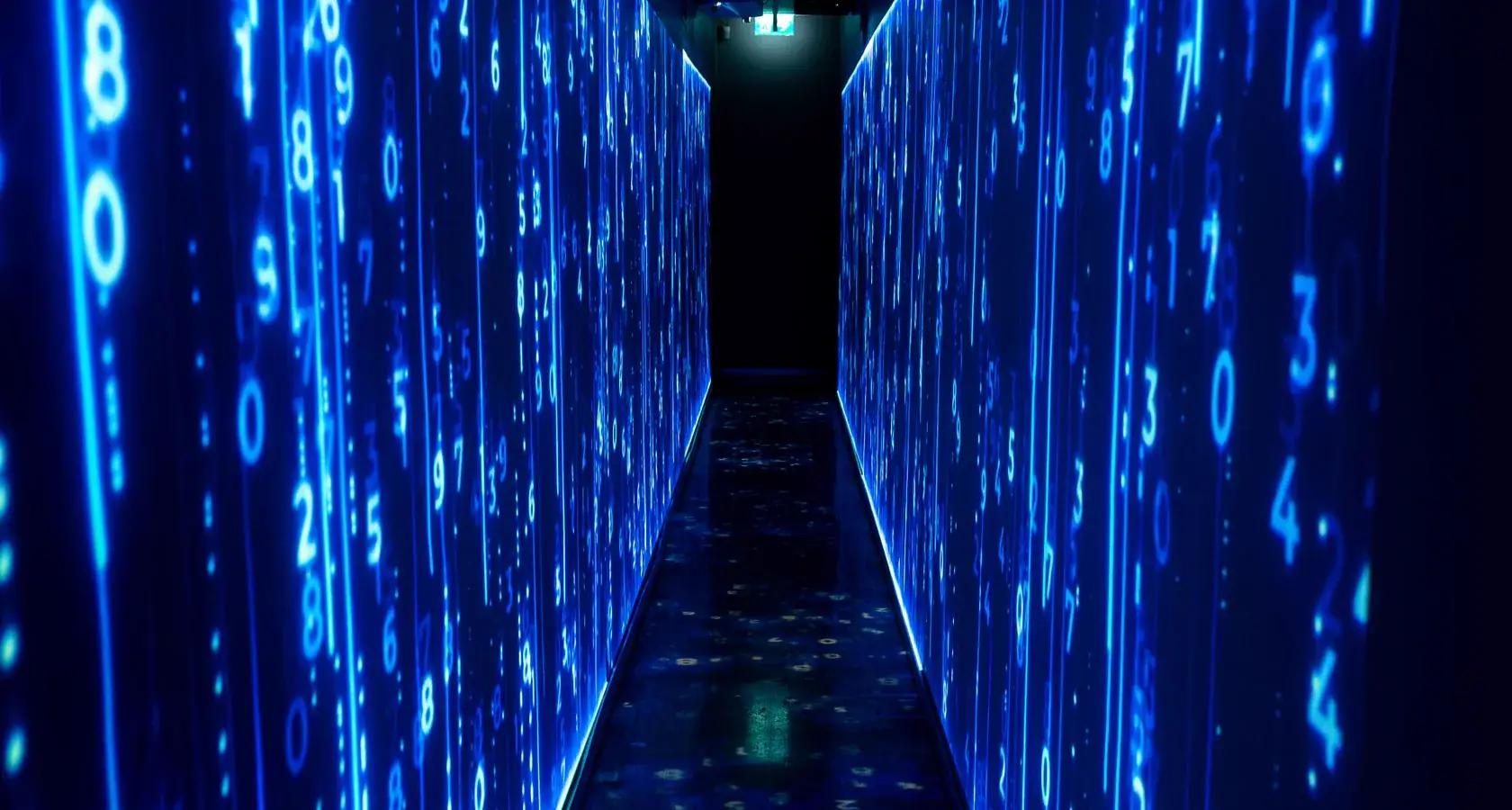 A blue-lit data corridor streaming digits, representing the FAS localization pipeline