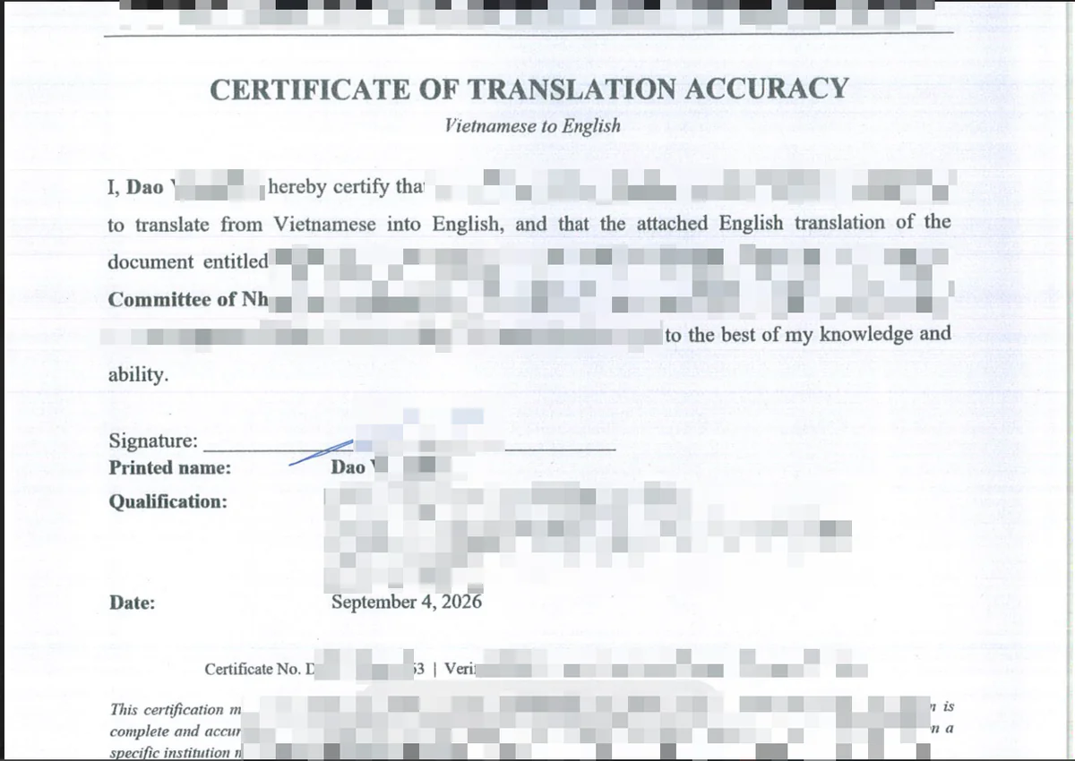 An actual Certificate of Translation Accuracy issued by FAS Localize, client details redacted