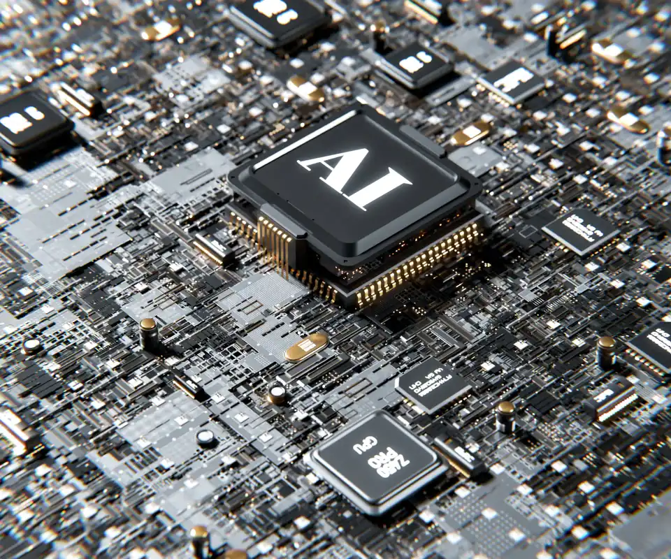 AI microchip on a circuit board, representing machine translation post-editing at FAS