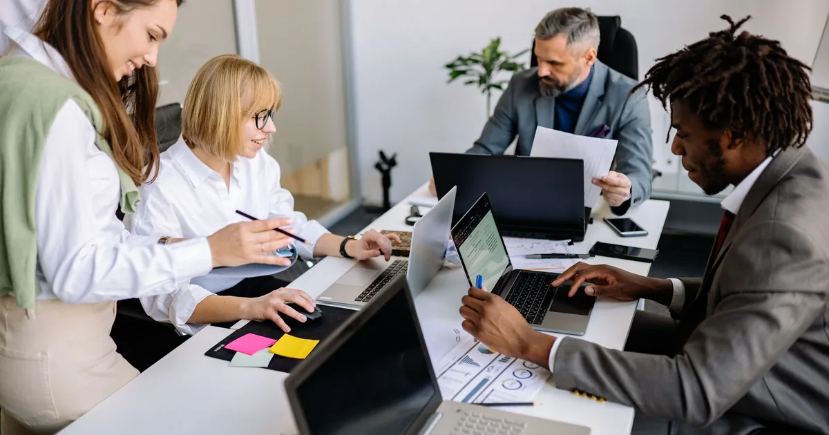 Diverse team collaborates on an international content strategy.