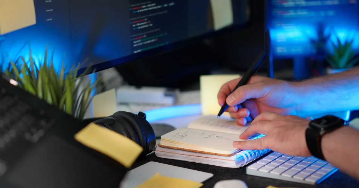 Person plans software project with handwritten notes and code; an in-context review tools comparison