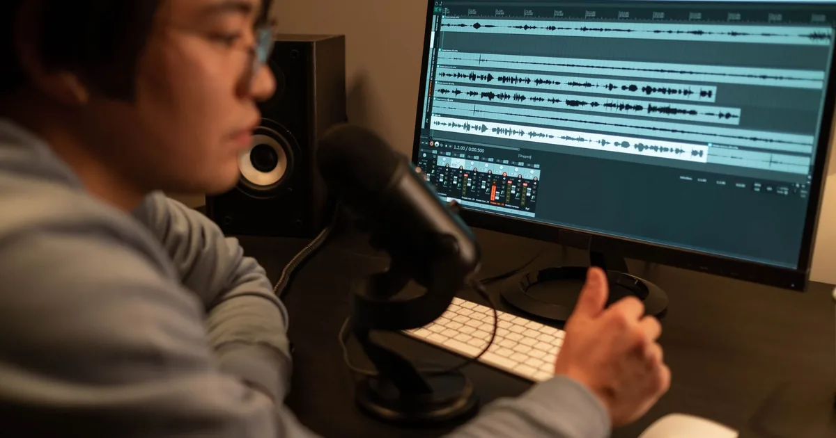 Sound engineer editing Vietnamese voice data on computer for an ASR model.
